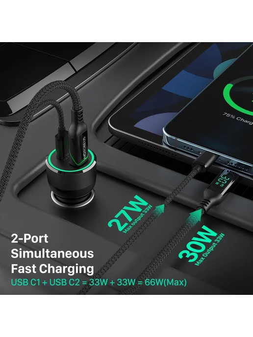 WOTOBE Автомобильное зарядное WOTOBEUS 2 порта, 66W, PD3.0 PPS QC3, 66 Вт, фото 5