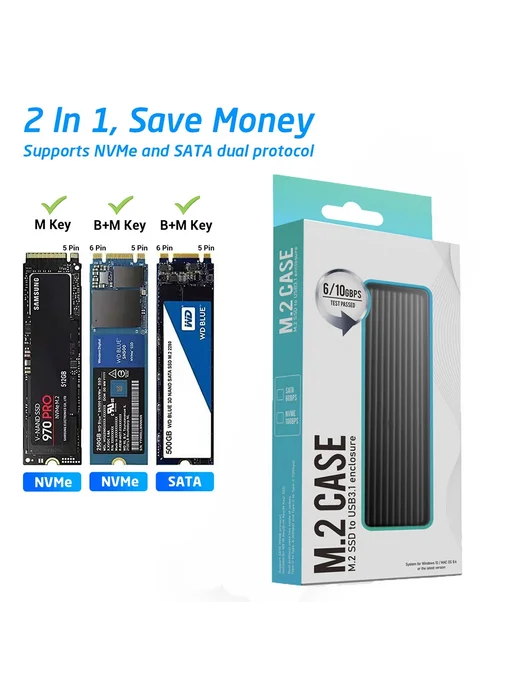 Нет бренда Корпус для M.2 NVMe SATA USB 3.1 SSD Case Silver, синий, фото 2