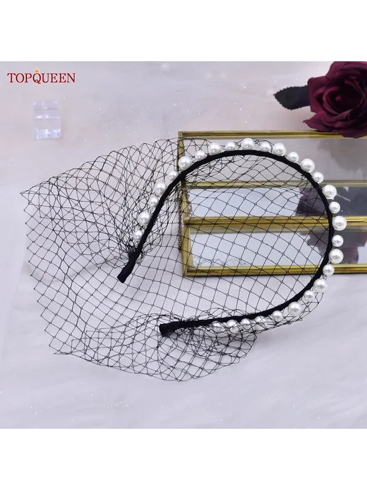 TOPQUEEN Вуаль свадебная белая сетчатая с жемчугом, черный