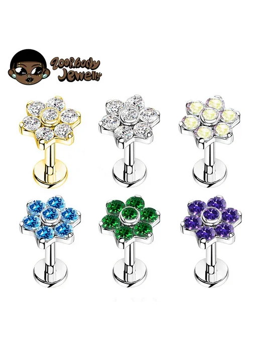 ZOORBODY JEWELRY Титановый пирсинг ZOORBODY цветок 16G, Silver-AB CZ, 16 г, фото 2
