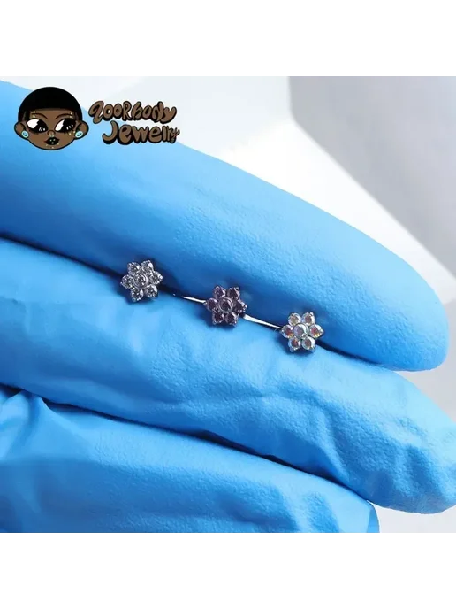 ZOORBODY JEWELRY Титановый пирсинг ZOORBODY цветок 16G, Silver-AB CZ, титан, фото 6
