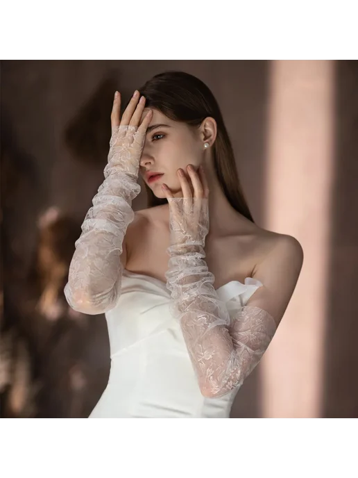 Белые свадебные перчатки SLBRIDAL, 0002 White Long, белый, фото 6