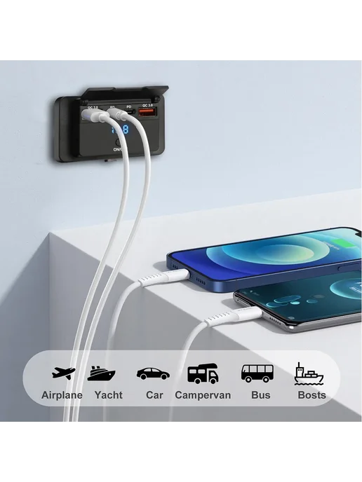 kebidu Панель питания 4-портовая USB с QC3.0 и Type-C, 12-24В, в упаковке 60 г, фото 4