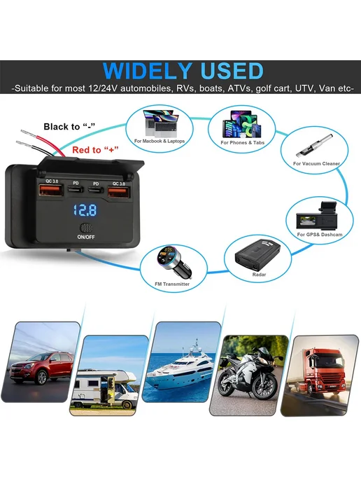 kebidu Панель питания 4-портовая USB с QC3.0 и Type-C, 12-24В, в упаковке 60 г, фото 5