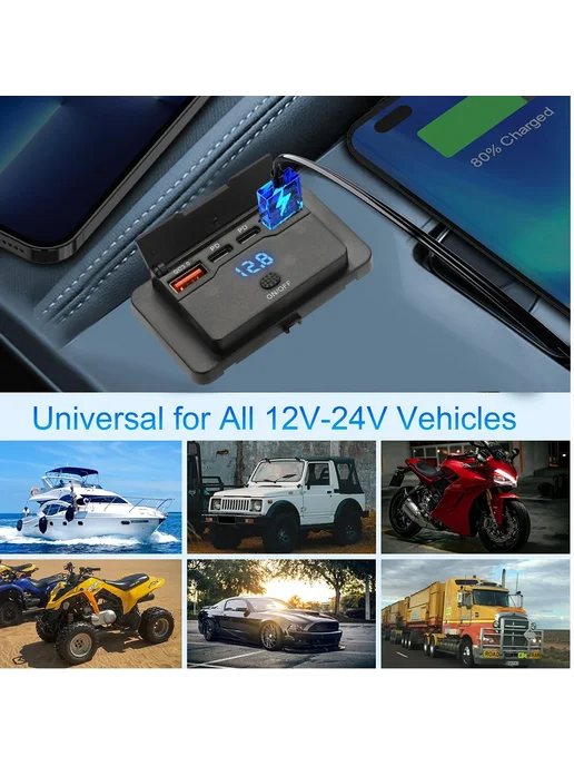 kebidu Панель питания 4-портовая USB с QC3.0 и Type-C, 12-24В, в упаковке 60 г, фото 7