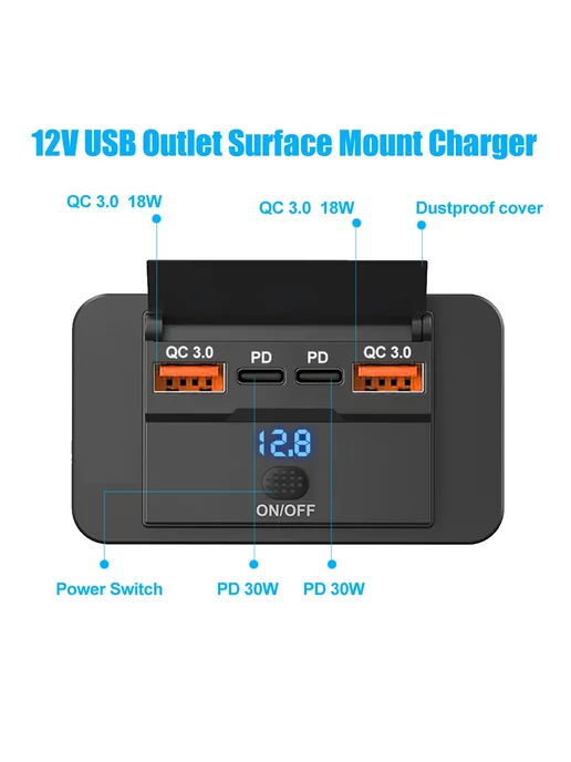 kebidu Автомобильное зарядное 2xQC3.0 + 2xPD 30W, 12-24V, 30 Вт, фото 3