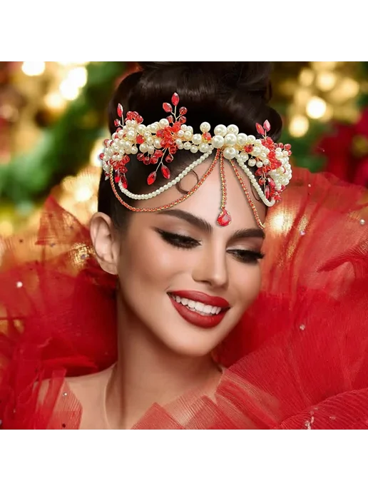 SNOW BEAUTY Свадебная повязка на голову с жемчугом и кристаллами, Red DZ, красный, фото 4