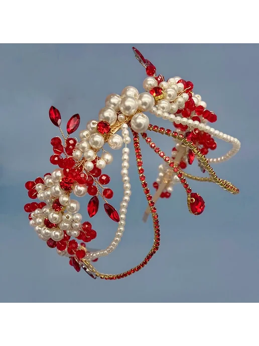 SNOW BEAUTY Свадебная повязка на голову с жемчугом и кристаллами, Red DZ, красный, фото 6