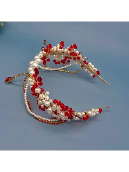 SNOW BEAUTY Свадебная повязка на голову с жемчугом и кристаллами, Red DZ, красный, фото 7