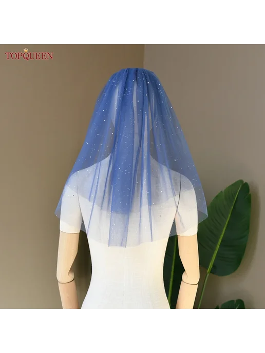 TOPQUEEN Краткая свадебная фата с блестками blue, синий