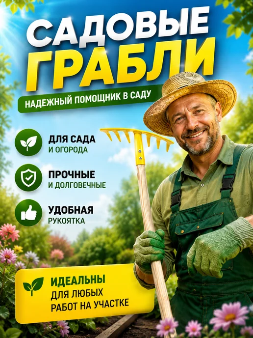 QwertyA Грабли садовые металлические с черенком для дачи 10 зубьев, вариант