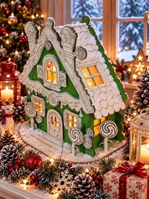 LASER OK Декоративный домик с подсветкой Новогодний НГ7, белый, фото 4
