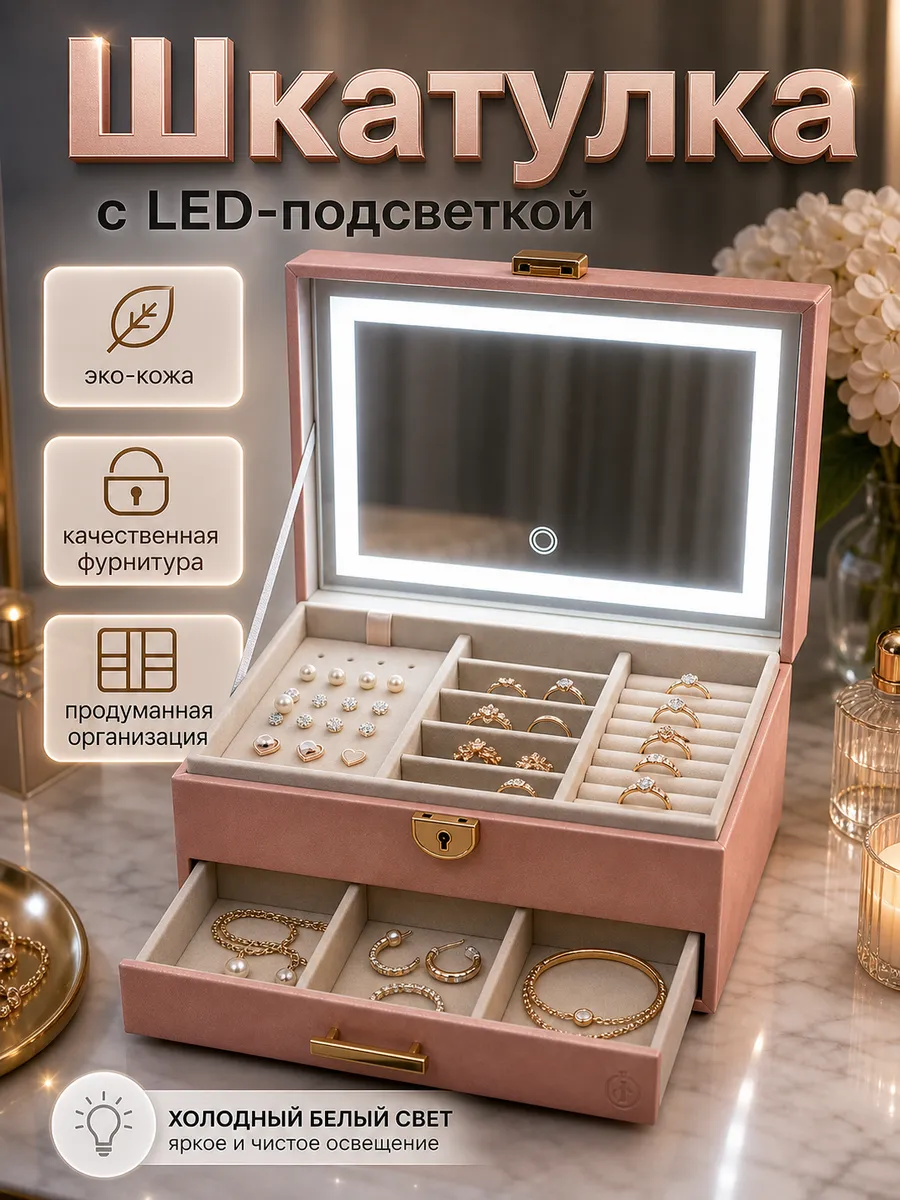 Шкатулка для украшений с зеркалом красивый подарок