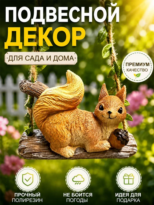 Садовая фигурка белочка на качелях, оранжевый