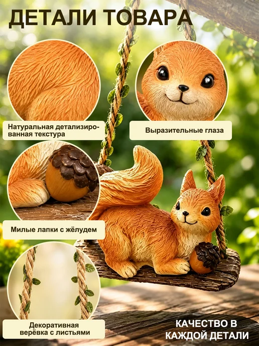 Садовая фигурка белочка на качелях, оранжевый, фото 2