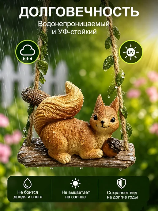 Садовая фигурка белочка на качелях, оранжевый, фото 5