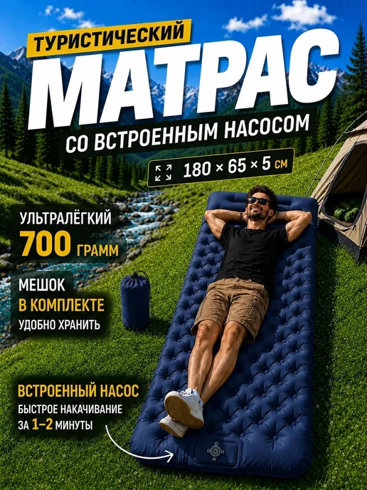ЕСТЬ ИДЕЯ Коврик туристический матрас со встроенным насосом, синий