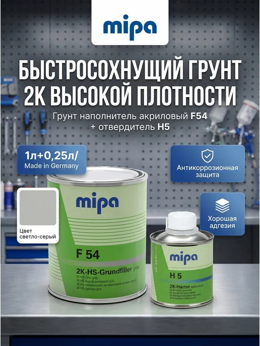 mipa Грунт наполнитель акриловый F54 1л + отвердитель Н5 0,25л, 1 л, 250 мл, серый