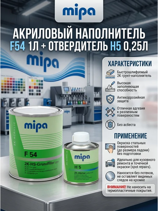 mipa Грунт наполнитель акриловый F54 1л + отвердитель Н5 0,25л, 1 л, 250 мл, серый, фото 2