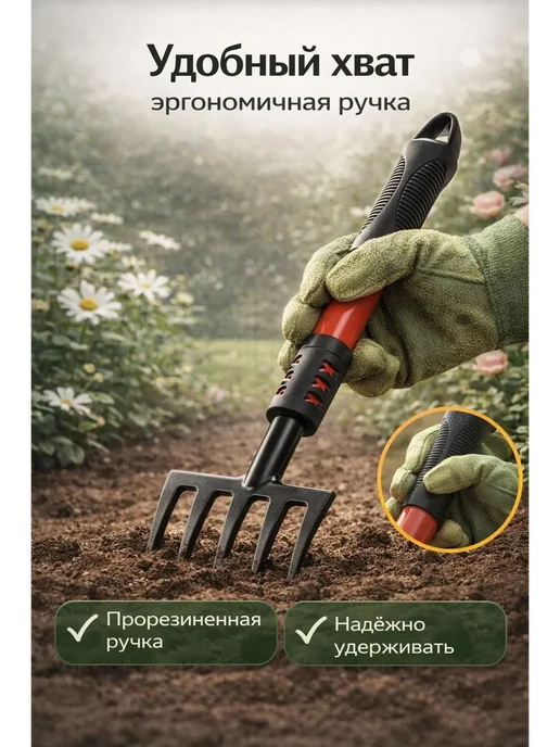Чина03 Грабли садовые ручные 40 см для рыхления почвы и прополки, черный, фото 3