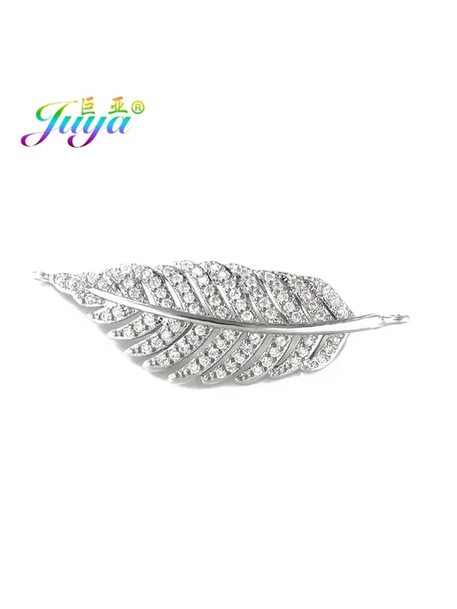 Juya Брошь-заколка Лист с кристаллами, White Gold, белый