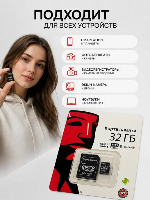 БЖ2021 Флешка microSD 32 ГБ для телефона и камеры, 32 ГБ, фото 6