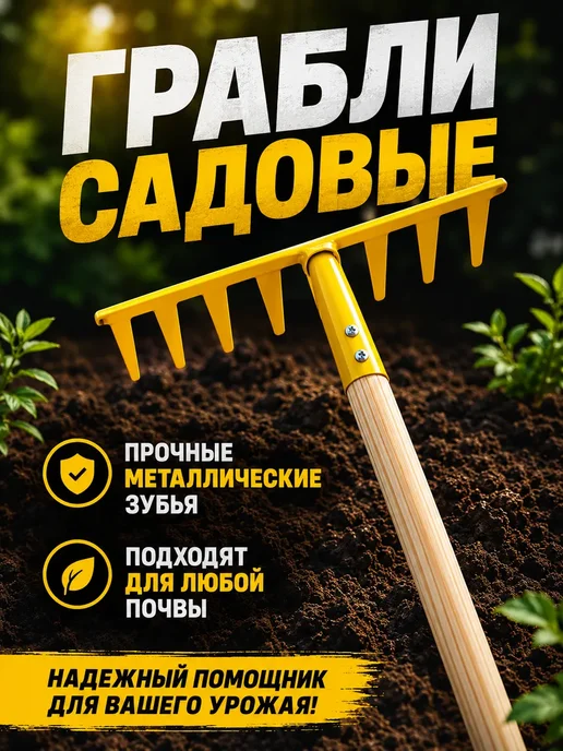 ЖГК Грабли садовые металлические с черенком, желтый