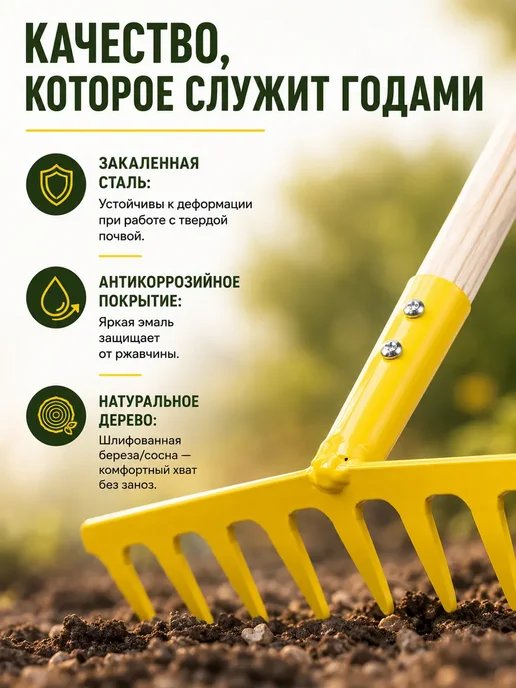 Мария 1 Грабли садовые веерные с деревянной ручкой разборные, желтый, фото 3
