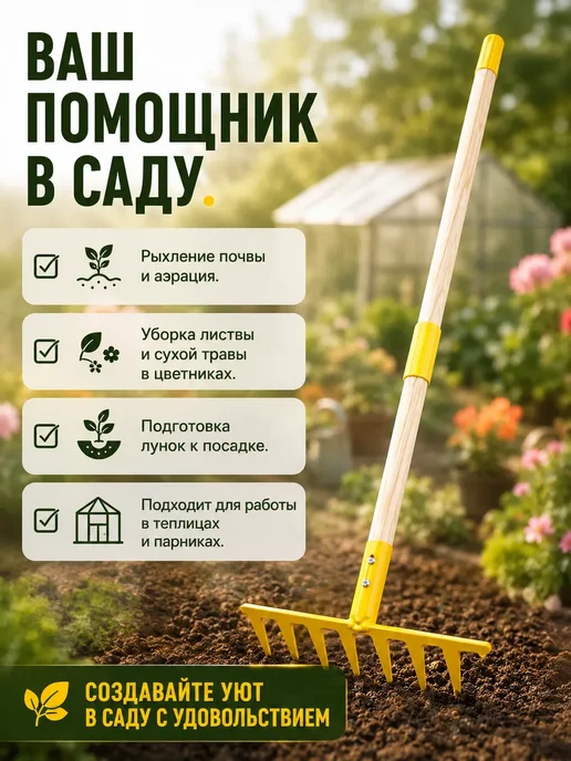 Мария 1 Грабли садовые веерные с деревянной ручкой разборные, желтый, фото 5
