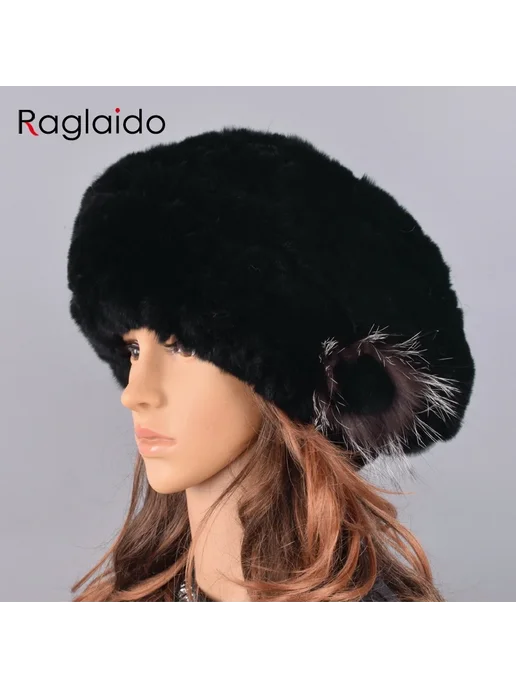 Raglaido Женский вязаный берет из кроличьего меха, черный, фото 3