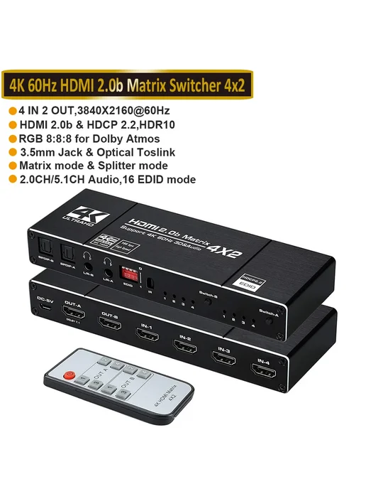 Navceker HDMI матричный коммутатор 4x2 4K@60Гц ZY-HM42, 4x2