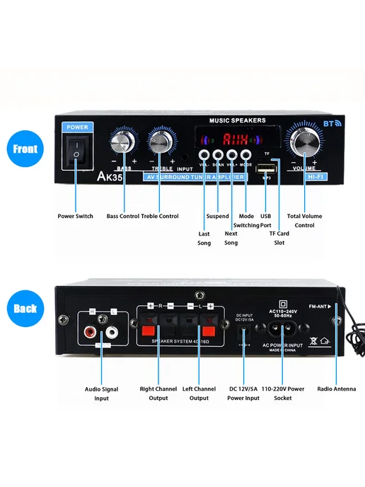 AK35 HiFi Bluetooth-аудио усилитель с USB TF (US), вариант, фото 7