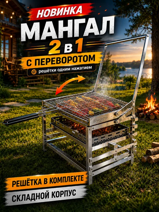 Складной мангал 2в1 с решёткой, компактный гриль для дачи, серый