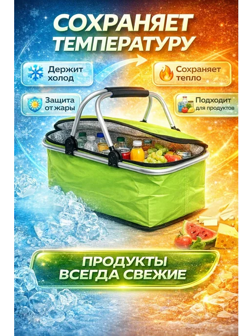 КМ08 Термосумка складная с крышкой корзина для продуктов, зеленый, фото 2