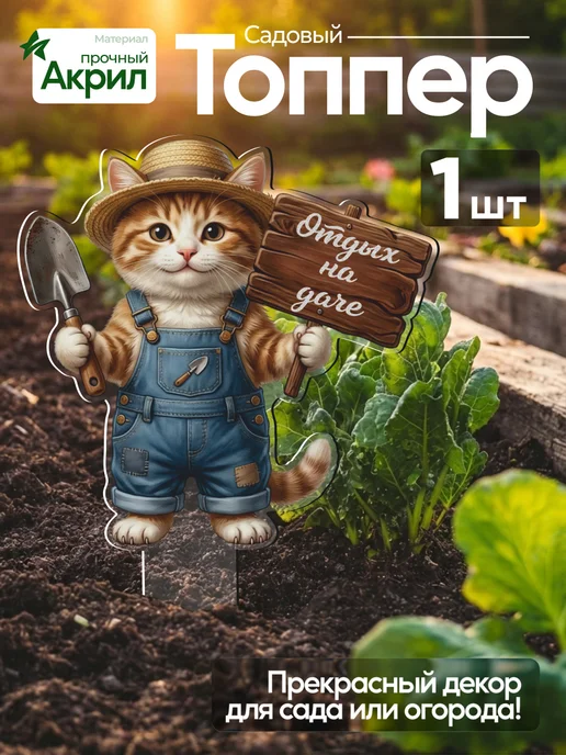 NEW! 2 плюс 1 Топпер садовый Котик с табличкой 1 штука, белый