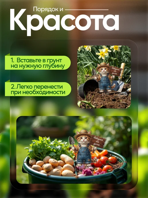 NEW! 2 плюс 1 Топпер садовый Котик с табличкой 1 штука, белый, фото 3