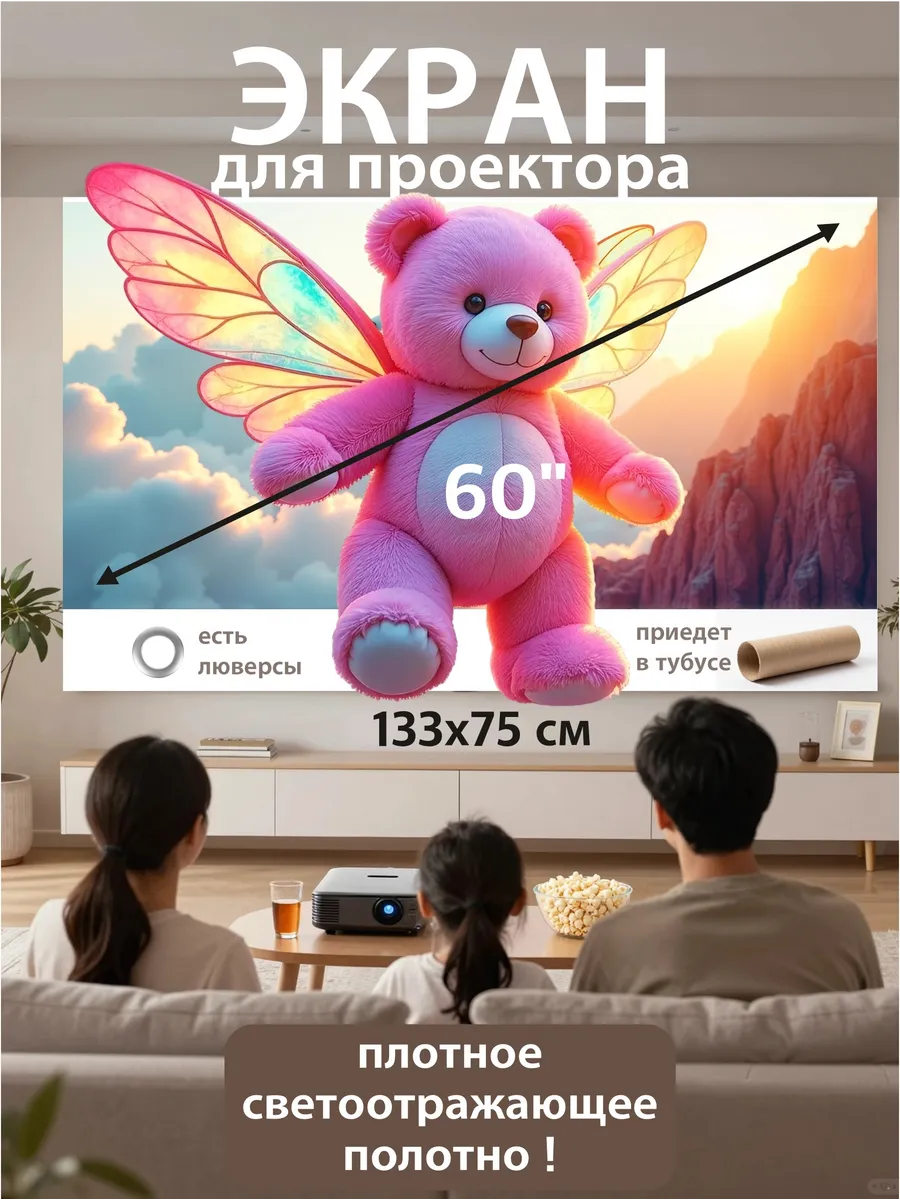 Экран для проектора на стену 133Х75см 60 дюймов