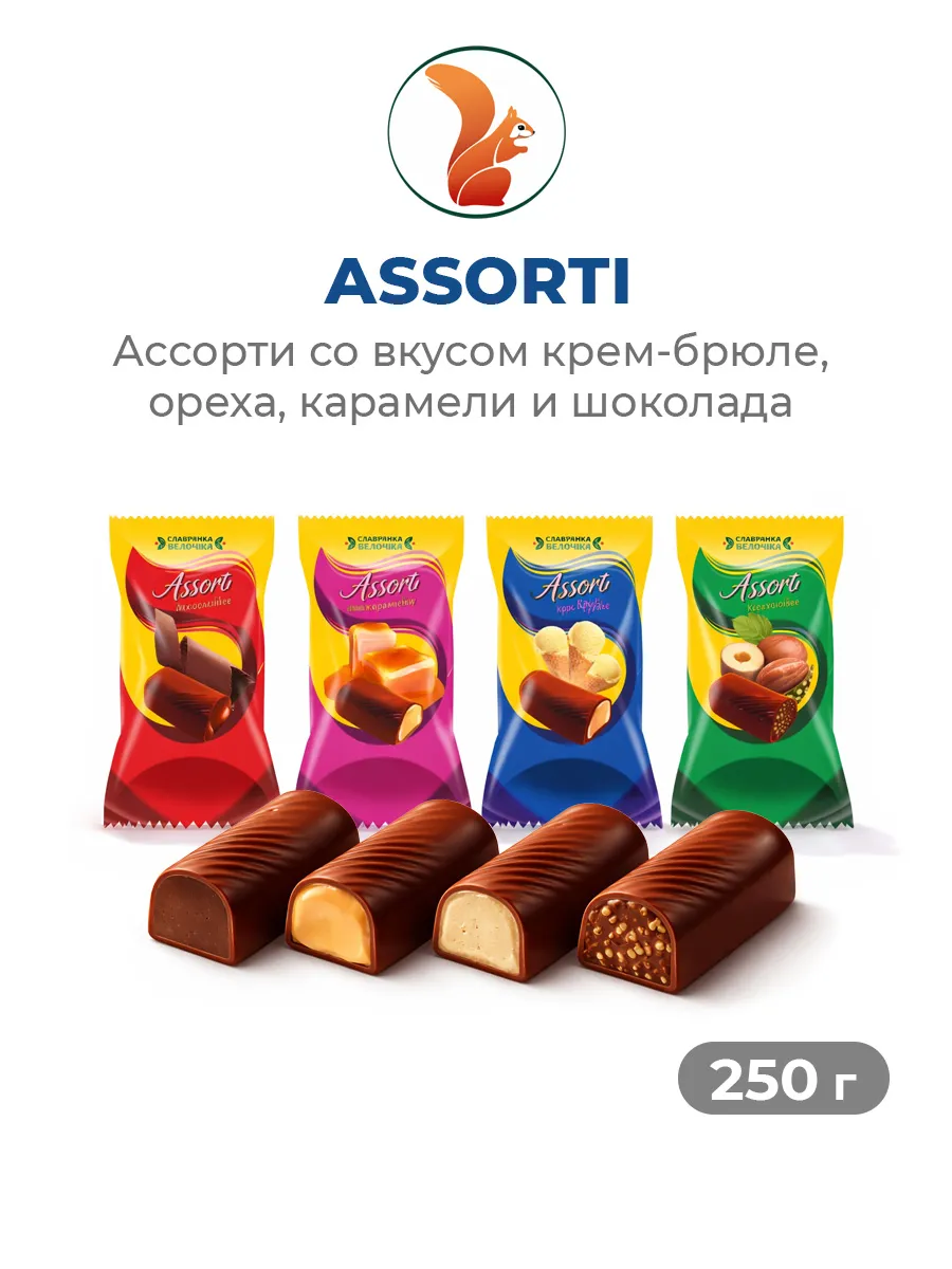 Шоколадные конфеты Assorti ассорти 4 вкуса в тёмной глазури