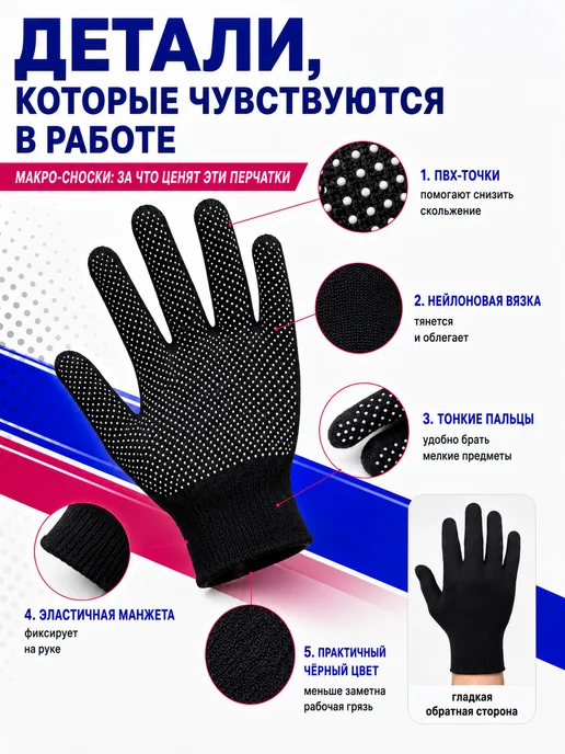 СтальКрепеж Перчатки рабочие нейлоновые с ПВХ покрытием черные 30 пар, черный, фото 6
