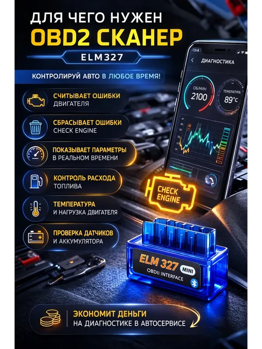 MILANA22 Автосканер ELM327 OBD2 Bluetooth для диагностики авто, вариант, фото 2