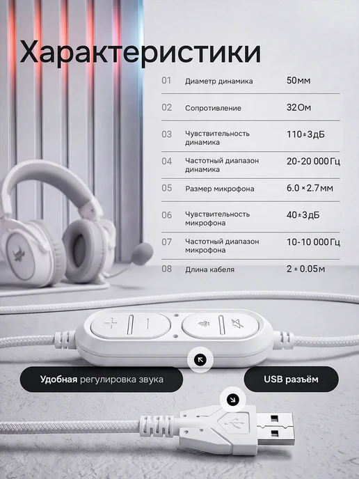 Gärtenn Наушники игровые с микрофоном проводные большие для пк, белый, фото 2