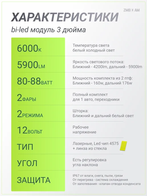 ZMB Bi LED линзы 3.0 для автомобильных фар H4, H7, 12V, вариант, фото 5