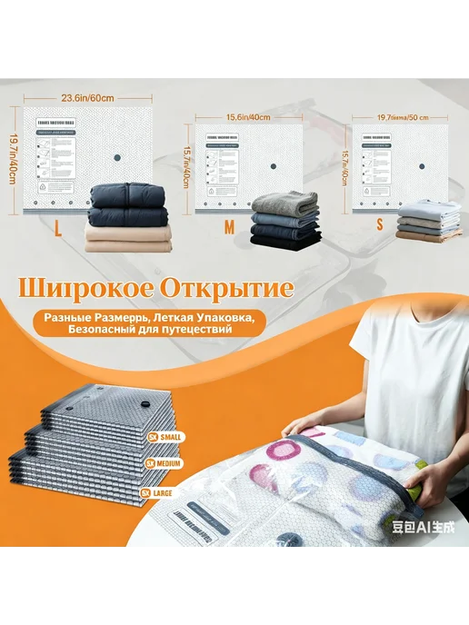 Untvie Вакуумные пакеты для одежды в поездки с электронасосом6 шт, 6 шт, фото 7