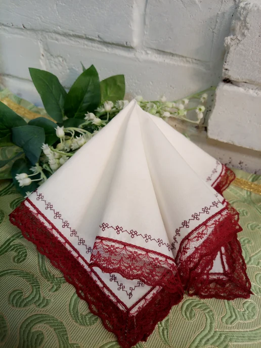 Платочки носовые 2 шт с кружевом и вышивкой 30х30 см, 30x30 см, 2 шт, фото 3