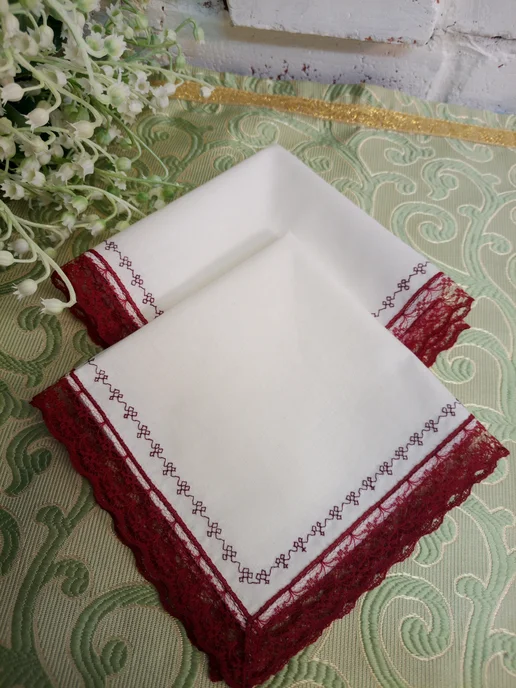 Платочки носовые 2 шт с кружевом и вышивкой 30х30 см, 30x30 см, 2 шт, фото 4
