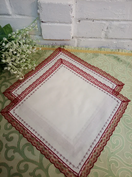 Платочки носовые 2 шт с кружевом и вышивкой 30х30 см, 30x30 см, 2 шт, фото 5