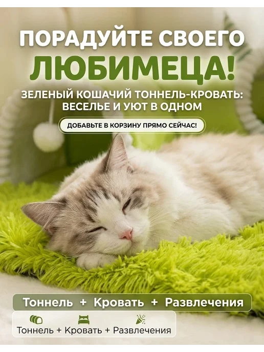 Многофункциональная туннельная кошачья лежанка, зеленый, фото 7