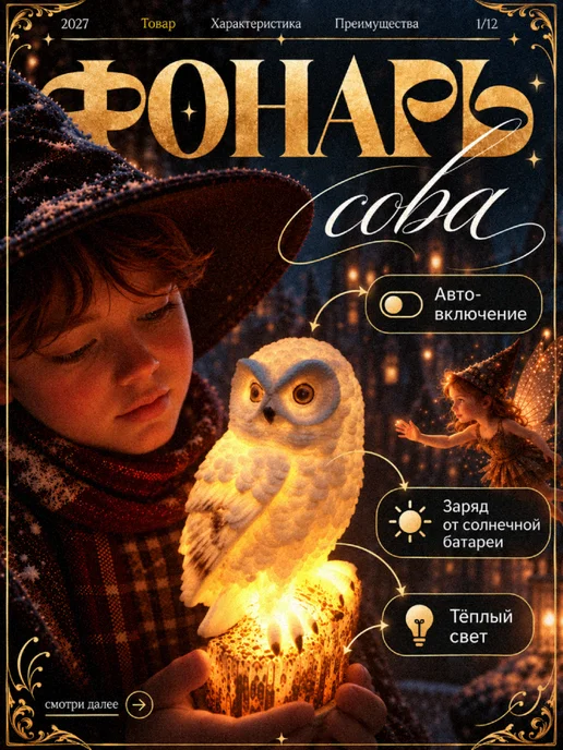 Ну Мёд Светильник-сова садовый уличный фонарь на солнечной батарее, черный