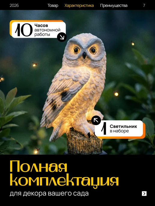 Ну Мёд Светильник-сова садовый уличный фонарь на солнечной батарее, черный, фото 7