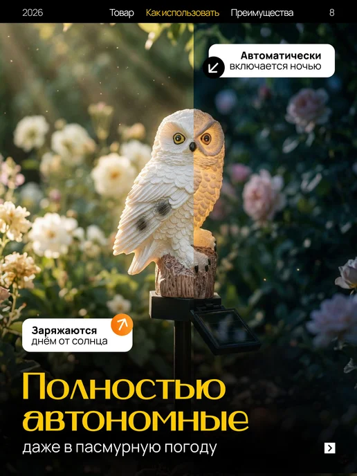 Ну Мёд Светильник-сова садовый уличный фонарь на солнечной батарее, черный, фото 8